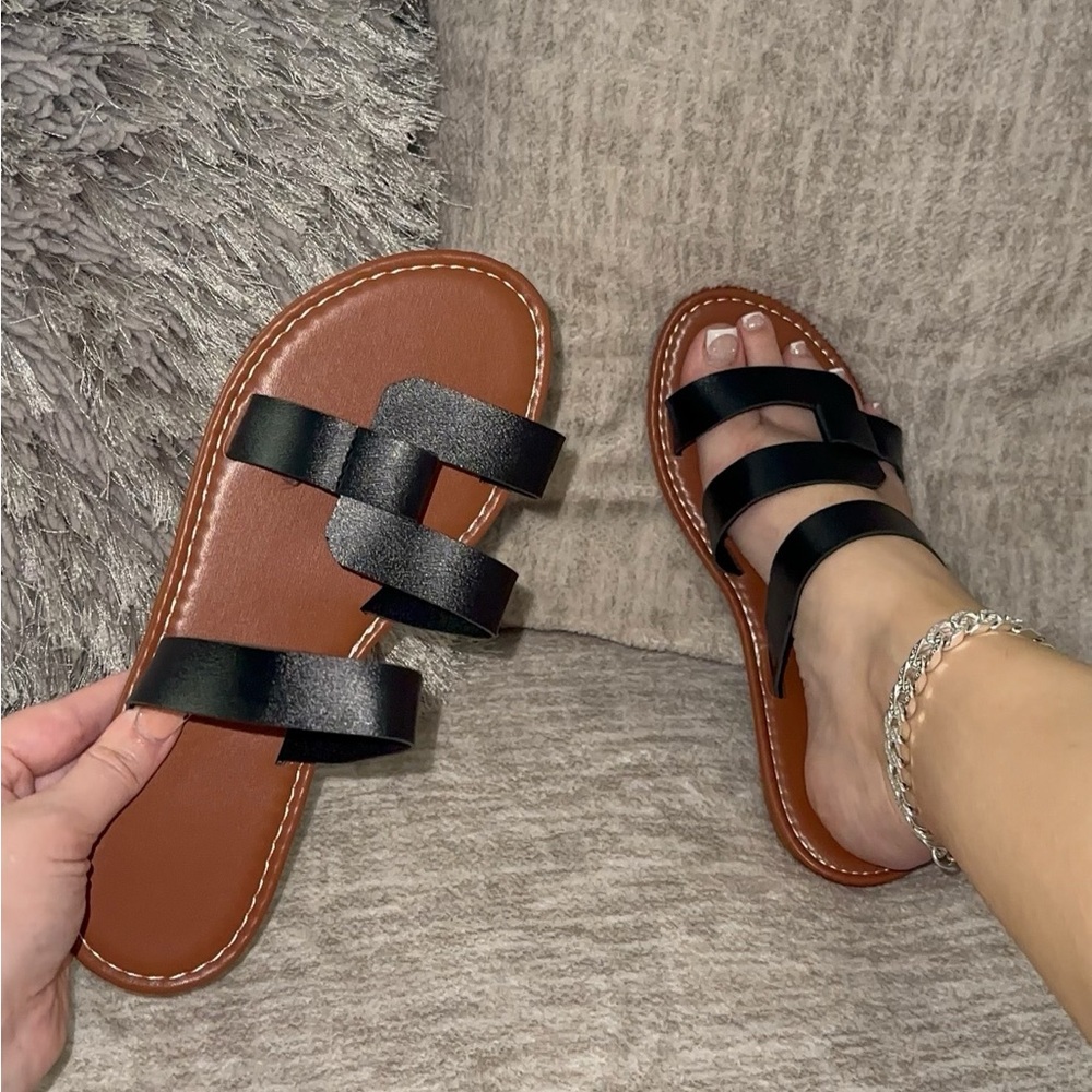 Black Strappy Slide Sandals for Women size 7, 8, 9, 10, 11